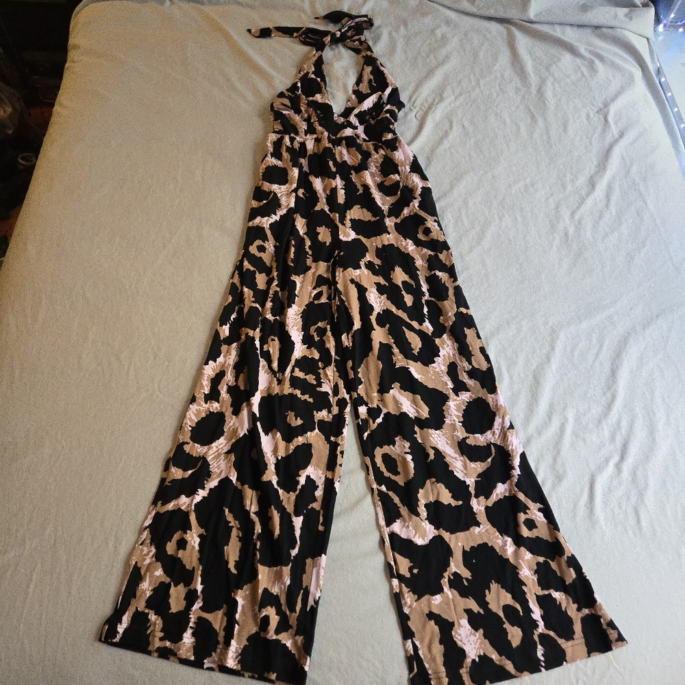 Diane Von Furstenberg x Target Leopard Plunge Halter Neck Wide Leg Jumpsuit - Picture 3 of 11